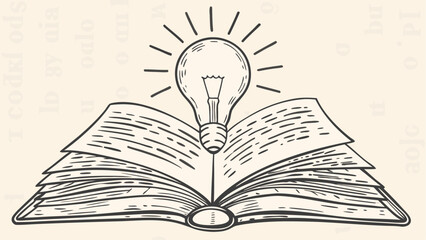 A stylized open book with a light bulb emitting rays above it symbolizing knowledge and inspiration idea