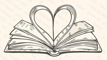 Open book with pages forming a heart shape in a black and white illustration style drawing design