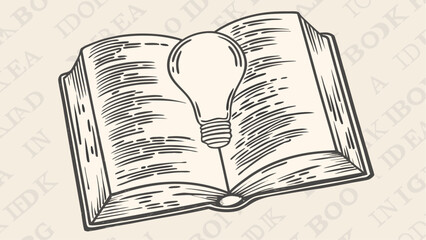 Illustration of an open book with a lightbulb hovering above it representing ideas and knowledge growth
