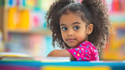 A young girl with curly hair sitting in a library with colorful books.