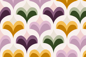 mid century modern geometric pattern with diamonds and arches in dusty lavender warm mustard and deep green palette minimal retro illustration isolated on pale background