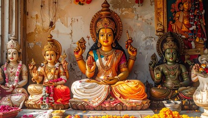 Fototapeta premium Colorful statues of Hindu deities, adorned with vibrant flowers and positioned within a weathered temple setting, radiate a sense of spiritual reverence.