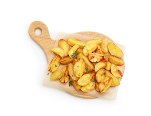 Tasty baked potatoes with parsley isolated on white, top view