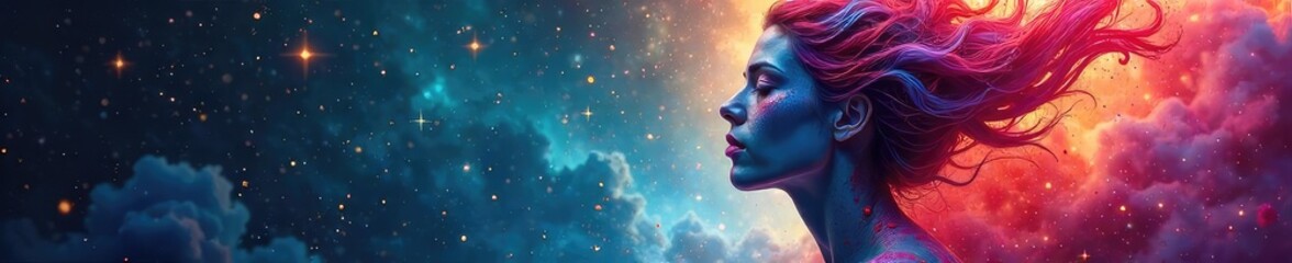 Fototapeta premium A celestial being, adorned with vibrant paint and surrounded by swirling nebulae, embodies artistic creation and divine inspiration , power, vibrant, surreal