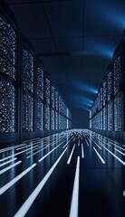 Obraz premium Data center hall with rows of servers Streaks of light illuminate the floor