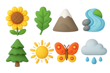 Colorful 3d nature icons: flowers, mountains, waves, and more