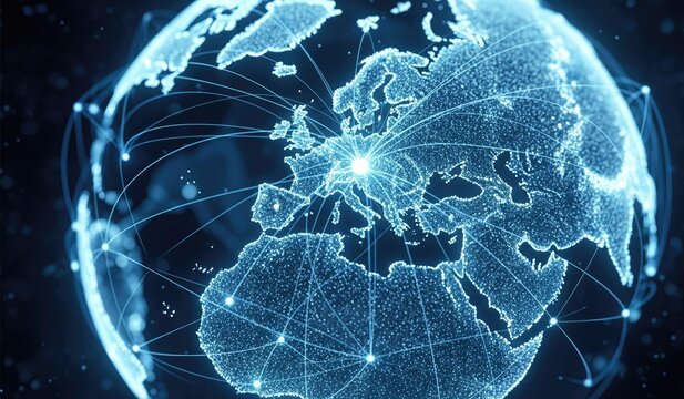 Digital earth globe with interconnected lines and light points focusing on Europe