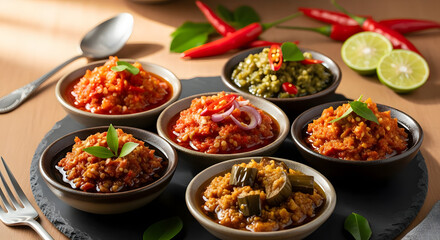A vibrant array of authentic Asian chili pastes and spicy sambal condiments, prepared with fresh ingredients, offering a rich and flavorful culinary experience