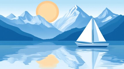 Scenic mountain lake sunrise sailboat