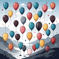 Colorful balloons float over mountains
