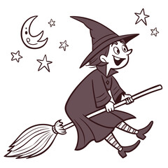 Happy young witch flying on a broomstick at night under the moon and stars