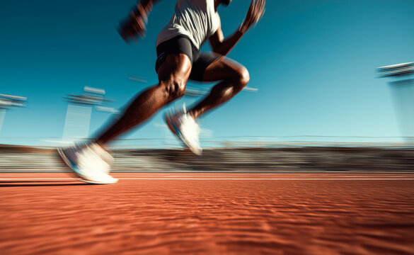 Outdoors workout. Male athlete on a track field with blur motion effect.