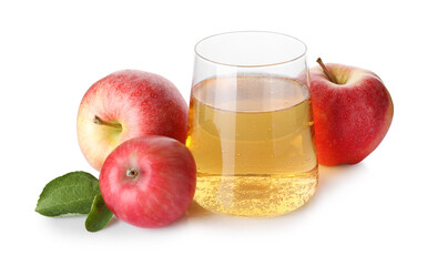 Tasty cider in glass, fresh apples and green leaves isolated on white