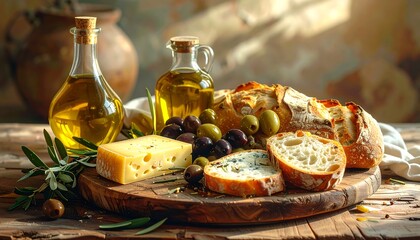 A rustic wooden platter displays a selection of gourmet cheeses, olives, and artisan bread, bathed in warm sunlight, evoking a sense of rustic charm and deliciousness.