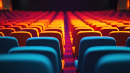Obraz premium Empty movie theater with rows of seats in vibrant colors, including blue and orange.
