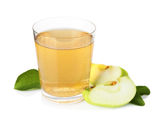 Tasty cider in glass, cut fresh apple and green leaves isolated on white