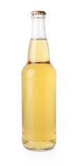 Delicious apple cider in glass bottle isolated on white