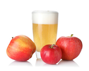 Tasty cider in glass and fresh apples isolated on white