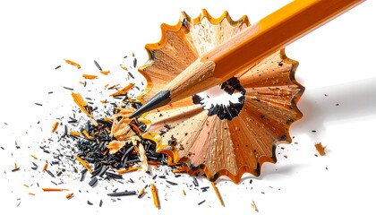 A sharpened pencil, its shavings scattered across a white background, showcasing the creative process.