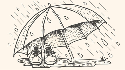 A sketchy illustration of shoes under an umbrella in the rain with visible raindrops and a puddle drawn