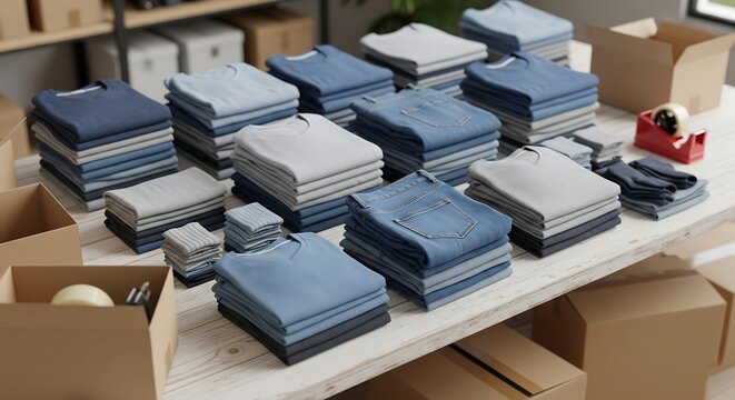 Neatly folded clothes and jeans prepared for packaging ready for online retail fulfillment operations