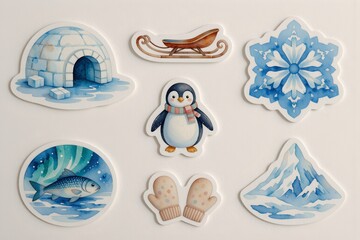 A set of nine (watercolor) style stickers with a (frozen polar winter theme). At the top, there is an igloo with icy blocks, a polar bear, and a sled, symbolizing survival