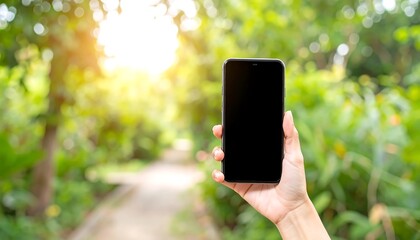Hand holding a phone outdoors. Blurry background of trees and path