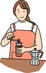 a female barista use hand grinder and moka pot illustration