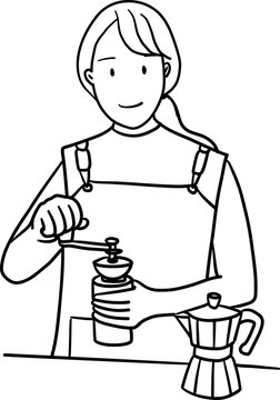 a female barista use hand griner outline illustration