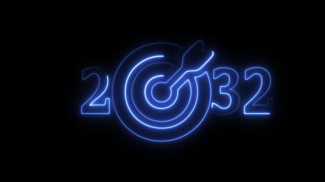 Abstract glowing neon 2032 in the form of numbers and darts instruments on a red background.Business targets refer to specific