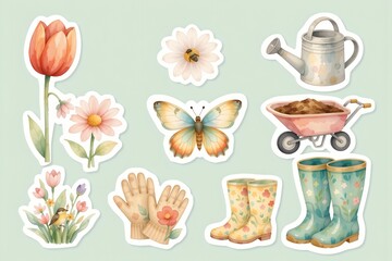 A set of nine watercolor style stickers featuring a spring garden. At the top, a tulip in red, a daisy with white petals, and a watering can in soft gray