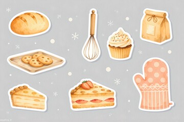 A set of nine watercolor style stickers centered on baking. At the top, a loaf of bread with golden crust, a rolling pin, and a bag of flour