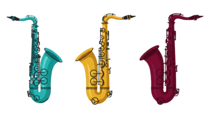 Illustration set of saxophones in flat design style, PNG background.