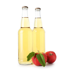 Delicious cider in glass bottles and apples isolated on white