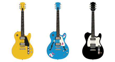 Illustration set of electric guitars in flat design style, PNG background.