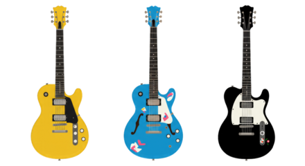 Illustration set of electric guitars in flat design style, PNG background.