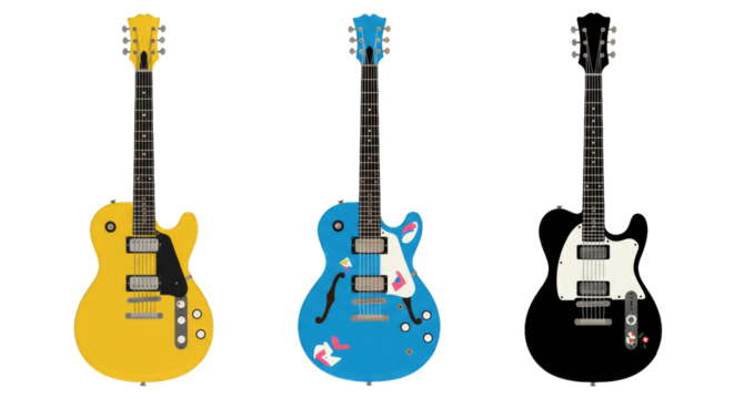Illustration set of electric guitars in flat design style, PNG background.