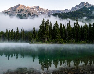Misty mountain lake at dawn