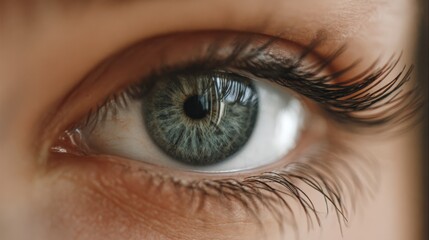 Fototapeta premium Human eye, intense, revealing detailed iris and lashes on a blurred skin background