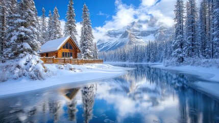 Winter cabin on snowy river