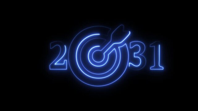 Abstract glowing neon 2031 in the form of numbers and darts instruments on a red background.Business targets refer to specific