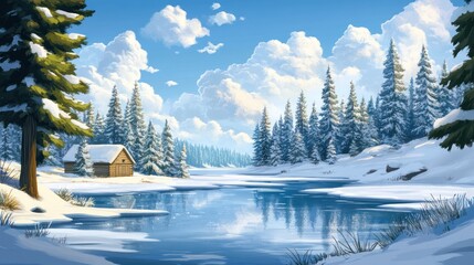 Snowy winter landscape cabin