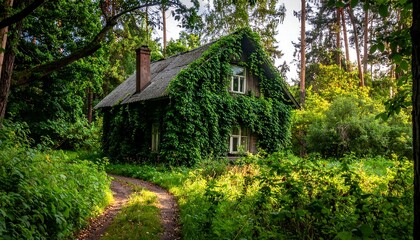 Old house in lush overgrown forest