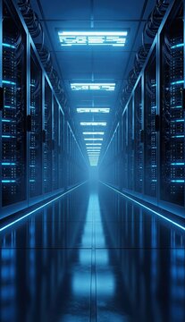 Server room corridor rows of data servers with blue lights and glossy flooring extend into the distance
