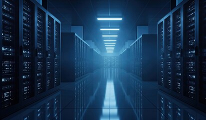 Server room with rows of dark cabinets glowing lights and a reflective floor