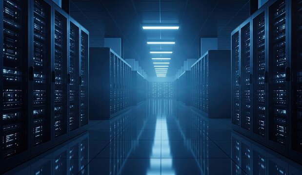 Server room with rows of dark cabinets glowing lights and a reflective floor - Powered by Adobe