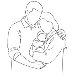 Minimalist Line Drawing of Family with Baby on White Background parents newborn