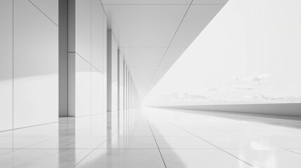 Fototapeta premium A white corridor with a glass wall on the right side, featuring a modern architectural design.