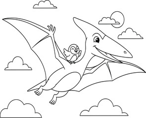 Friendly Cartoon Pterodactyl Flying with a Small Bird in the Sky - Fun Coloring Book Page for Kids and Aviation Fans © MstSangita