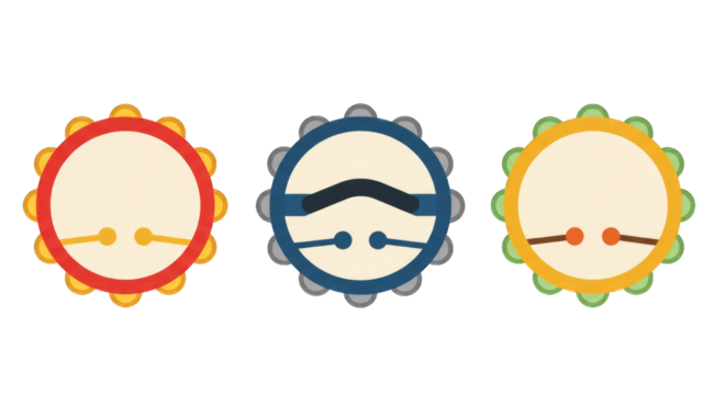 Illustration set of tambourines in flat design style, PNG background.